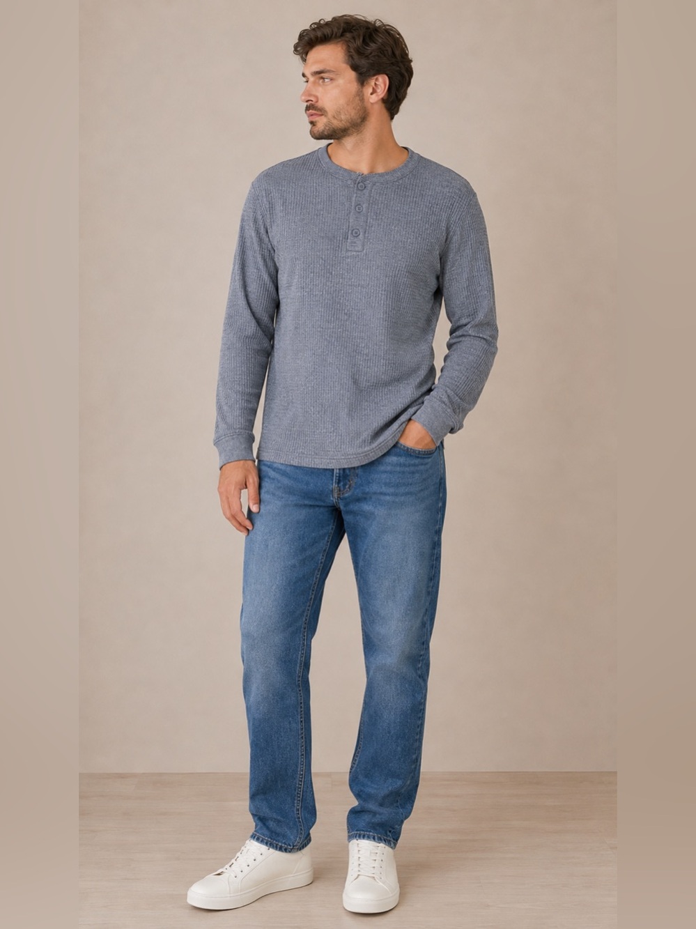 All in Motion Men’s Waffle Henley Shirt Blue Gray NWT M